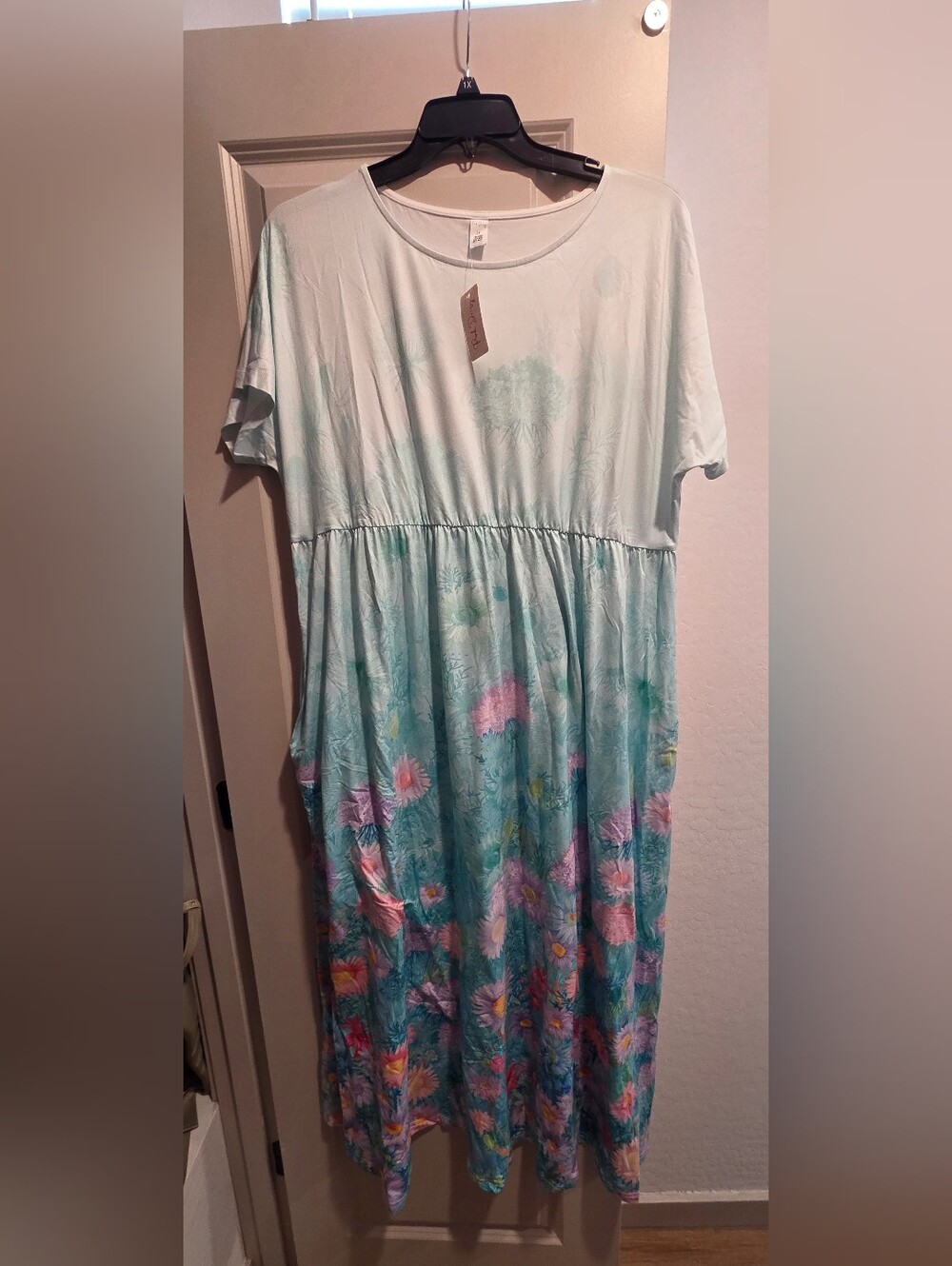 Women's Floral Tie-Dye Maxi Dress in Light Blue & Pink